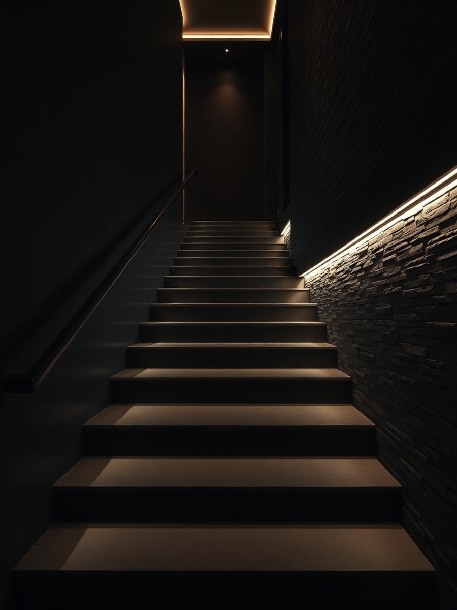 Luxury residence staircase with BRIIX linear step and wall grazing lighting